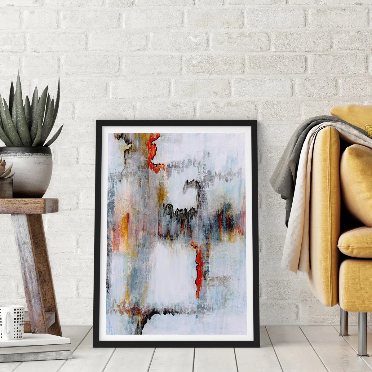 Plagát v čiernom ráme - Abstraktná kompozícia s odtieňmi sivej a červenej farby. - 50x70cm - Paličkou po vode - Moderná nástenná dekorácia do obývacej izby a spálne ARTTOR