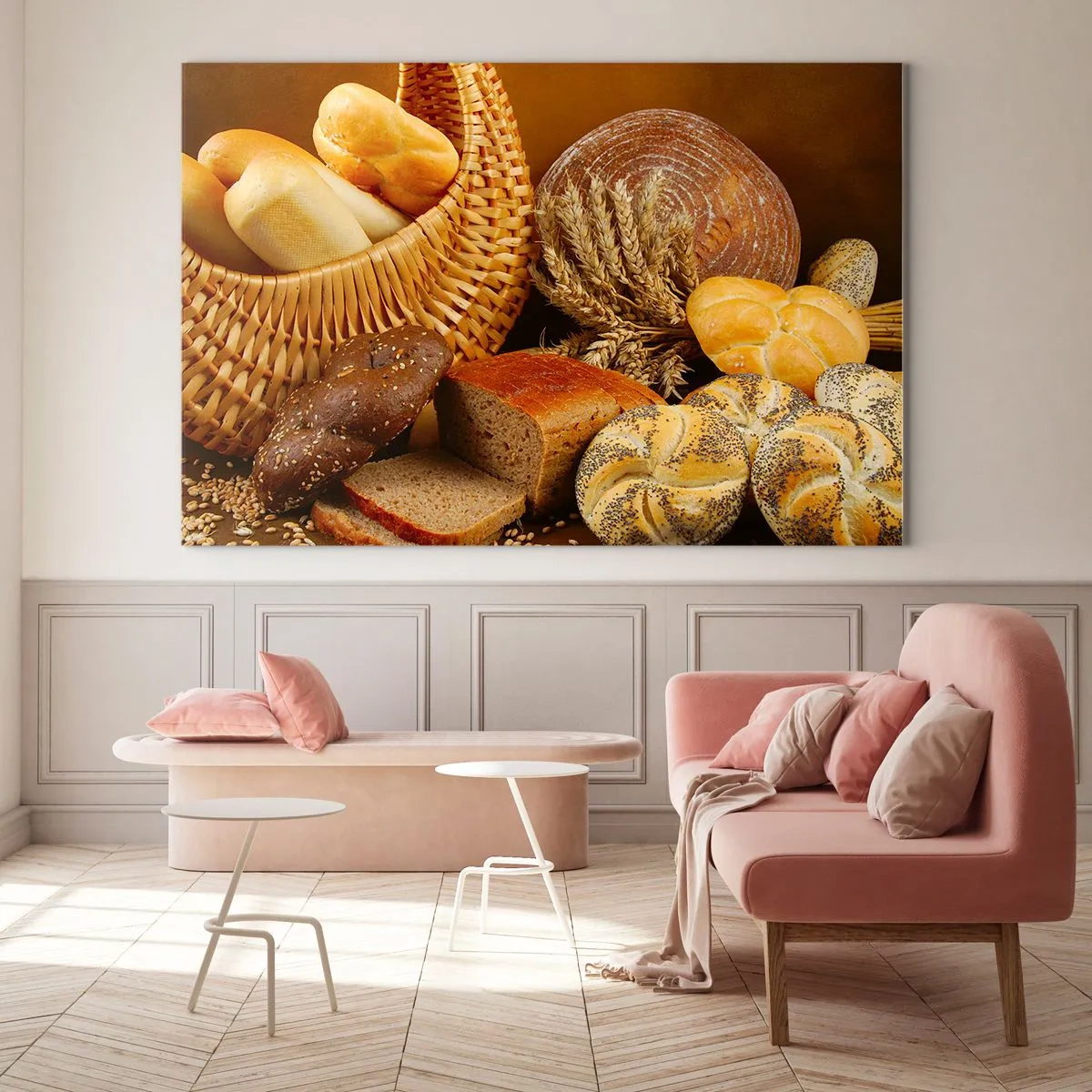 Obraz na skle - Košík chleba a bochníkov na pozadí klasov obilia - 70x50cm - Znova sme mali šťastie - Moderná nástenná dekorácia do obývacej izby a spálne ARTTOR