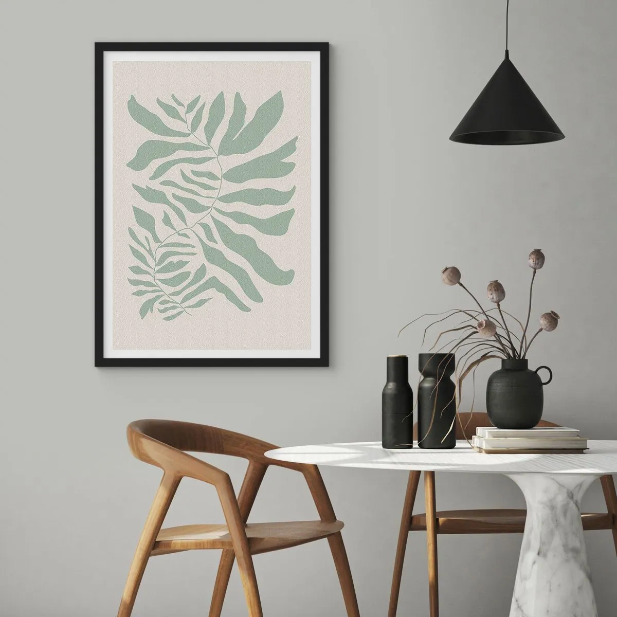 Plagát v čiernom ráme - Minimalistická ilustrácia rastliny v odtieňoch zelenej - 50x70cm - Smaragdová vetva - Moderná nástenná dekorácia do obývacej izby a spálne ARTTOR