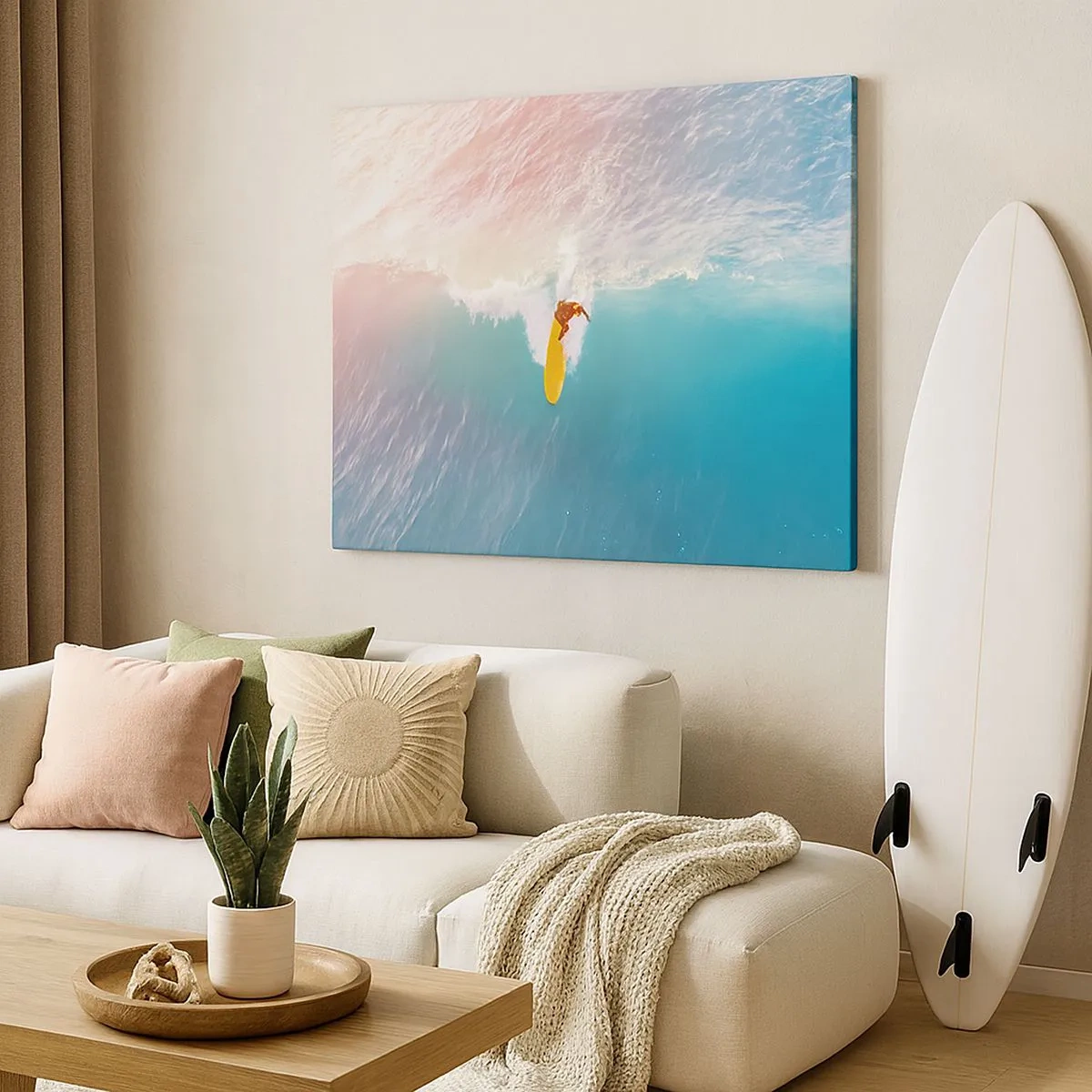 Obraz na plátne - Surfer na vlne v pastelových farbách - 70x50cm - Oceanický jazdec - Moderná nástenná dekorácia do obývacej izby a spálne ARTTOR