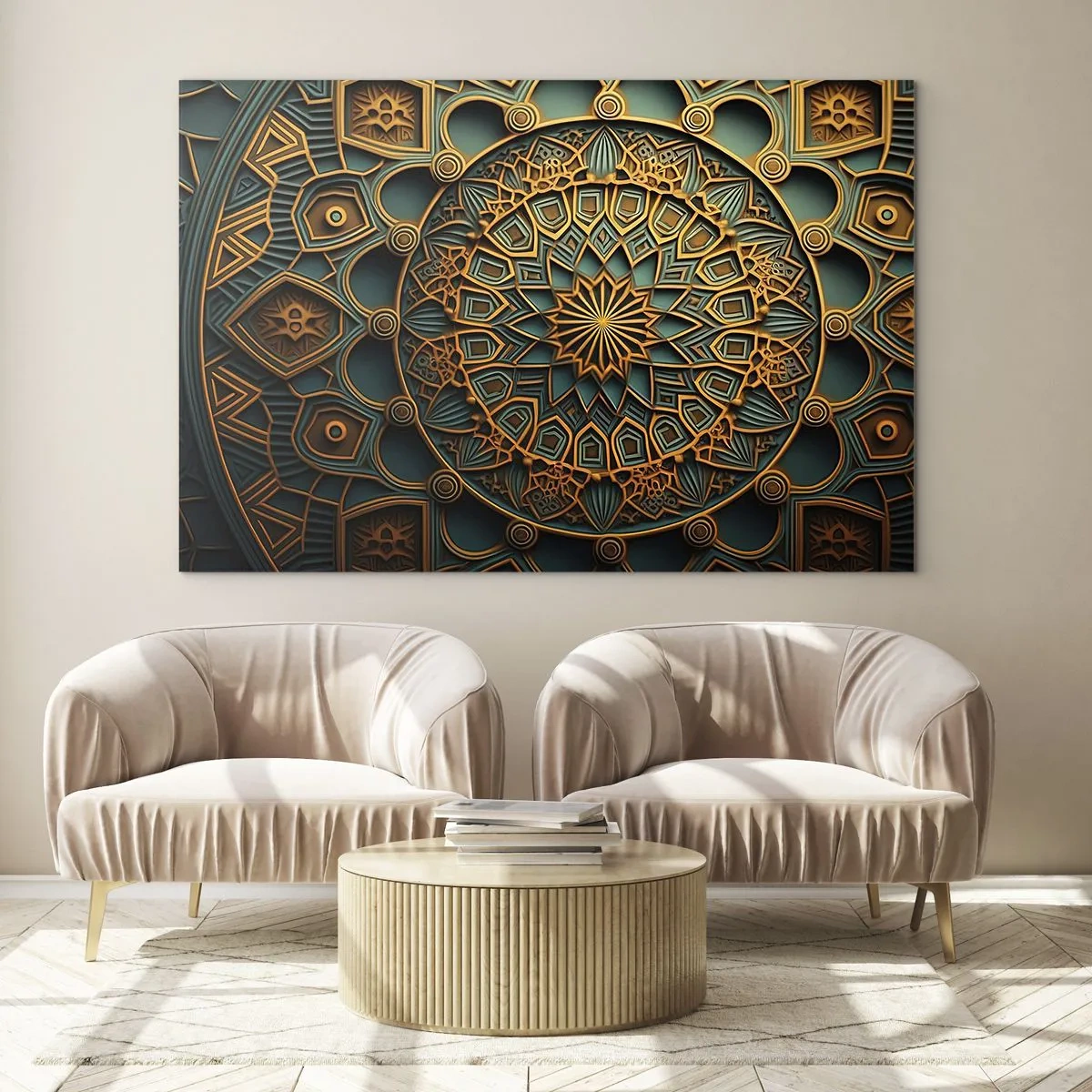 Obraz na skle - Zlatá a tyrkysová ozdoba v štýle arabskej mozaiky - 70x50cm - V arabskom štýle - Moderná nástenná dekorácia do obývacej izby a spálne ARTTOR