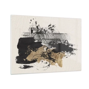 Obraz na skle - Abstraktná kompozícia v čiernej a zlatej farbe na svetlom pozadí - 70x50cm - Kompozícia s vášňou - Moderná nástenná dekorácia do obývacej izby a spálne ARTTOR