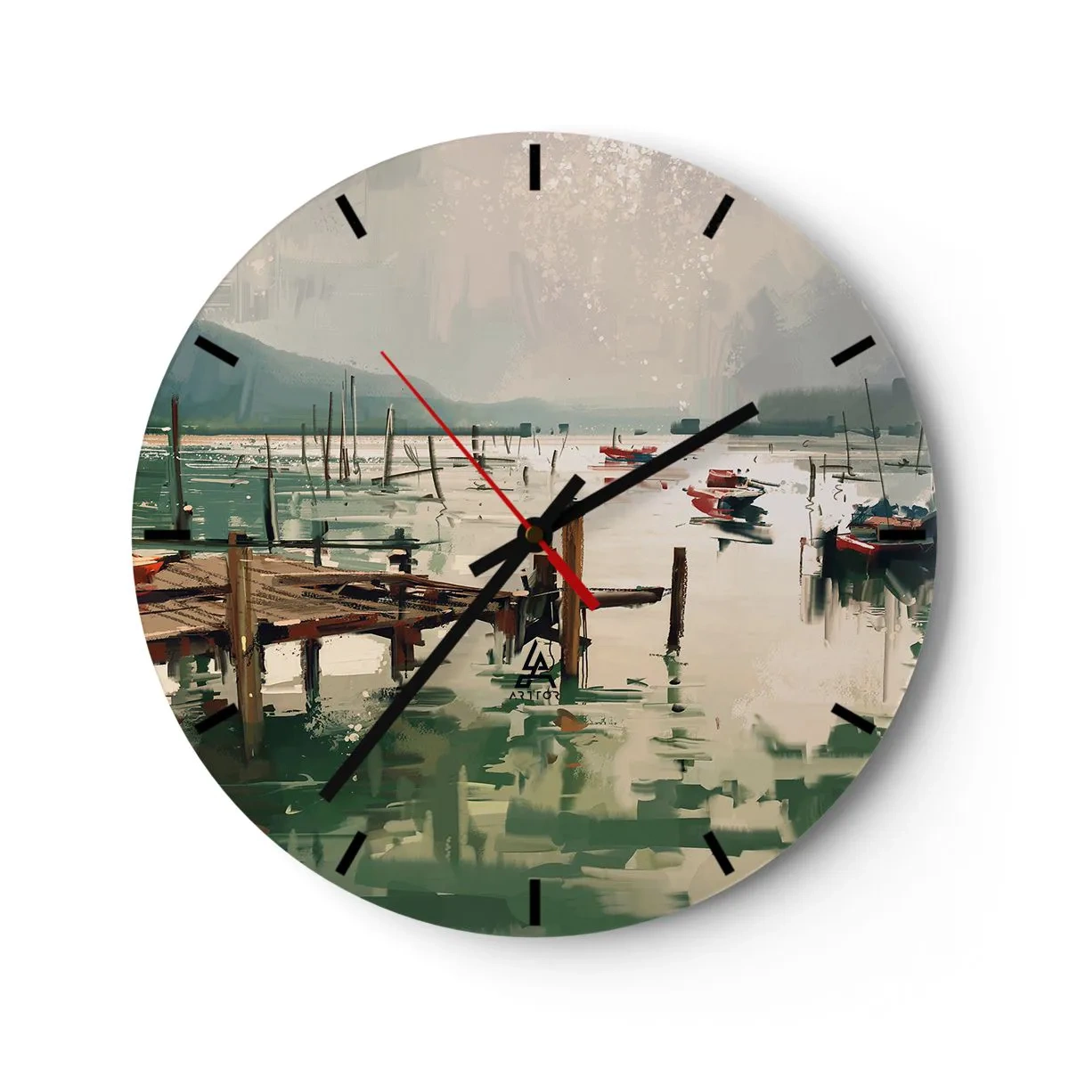 Nástenné hodiny - Atmosférické mólo s loďkami na pokojnej vode - 30x30cm - Zaliate roztaveným mesiacom - Moderná nástenná dekorácia do obývacej izby, kuchyne a spálne ARTTOR