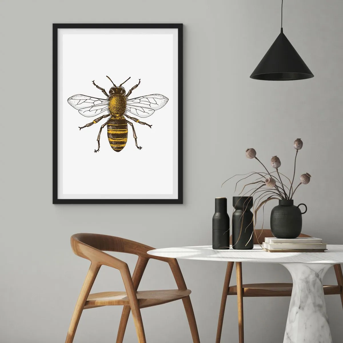 Plagát v čiernom ráme - Vintage včela, detail, ilustrácia - 50x70cm - Krásna a dobrá - Moderná nástenná dekorácia do obývacej izby a spálne ARTTOR