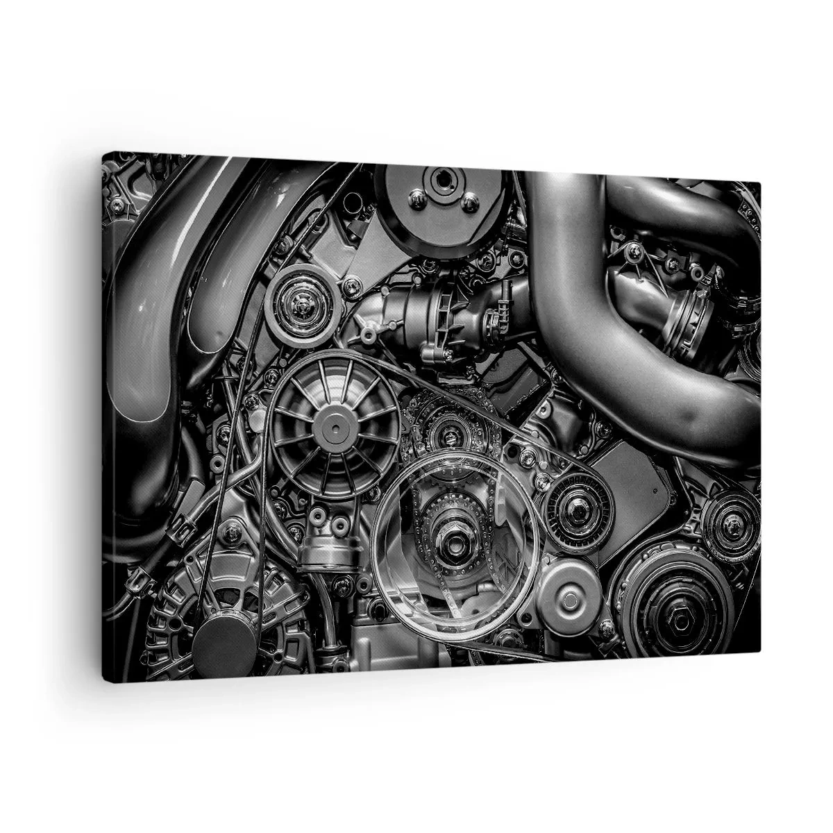 Obraz na plátne - Čiernobiely detailný záber mechanických detailov motora automobilu. - 70x50cm - Poézia mechaniky - Moderná nástenná dekorácia do obývacej izby a spálne ARTTOR