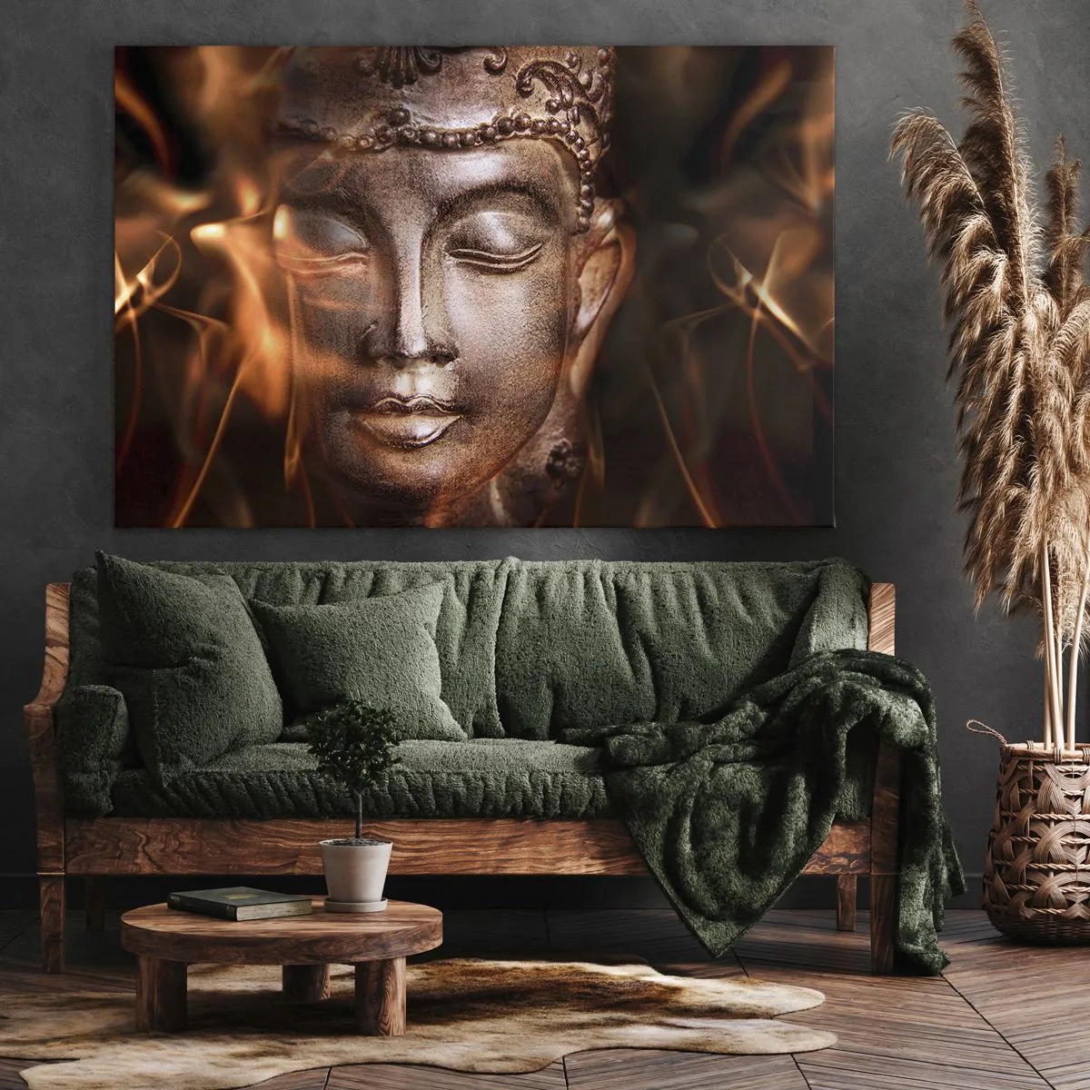 Obraz na plátne - Socha Budhu uprostred plameňov zlatých odtieňov - 70x50cm - Existuje iba tu a teraz - Moderná nástenná dekorácia do obývacej izby a spálne ARTTOR