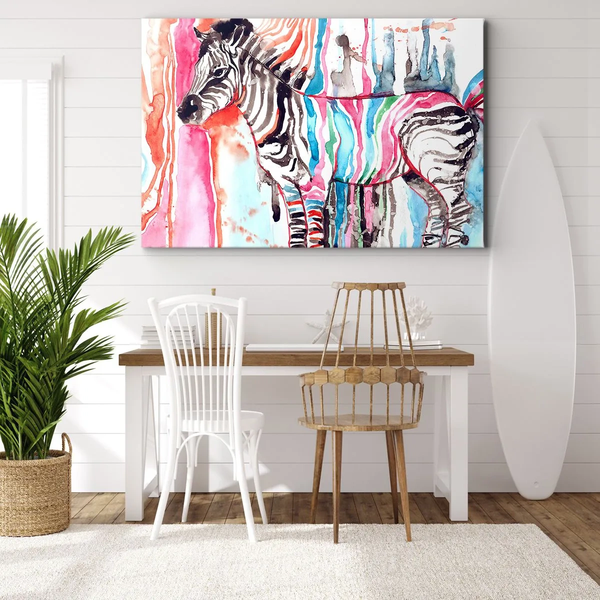 Obraz na plátne - Farebná zebra na pozadí abstraktných akvarelových vzorov - 70x50cm - Bezstarostný vtip prírody - Moderná nástenná dekorácia do obývacej izby a spálne ARTTOR