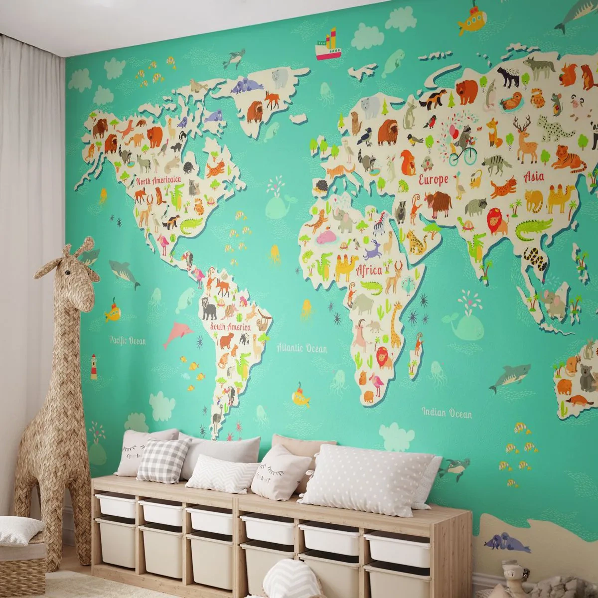 Fototapeta Standard Eco - Milujeme celý svet - Mapa sveta, Zvieratá, Pre deti - 450x315 cm