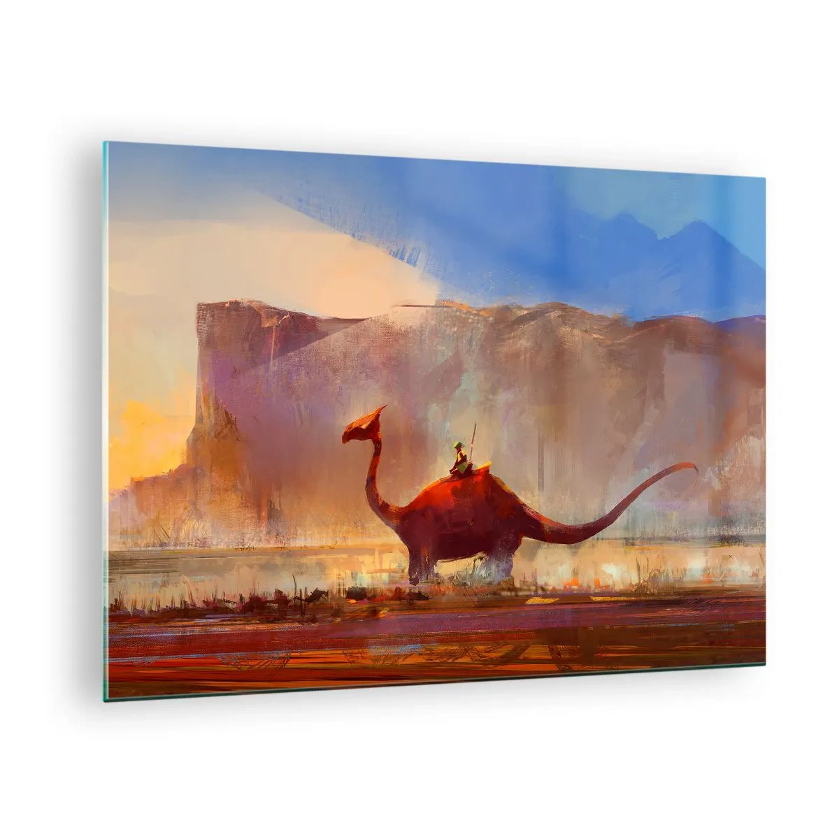 Obraz na skle - Fantastická krajina s jazdcom na prehistorickom stvorení - 70x50cm - Keby nevyhynuli - Moderná nástenná dekorácia do obývacej izby a spálne ARTTOR
