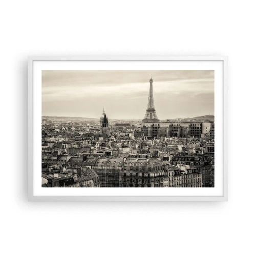 Plagát v bielom ráme - Nad strechami Paríža - 70x50 cm