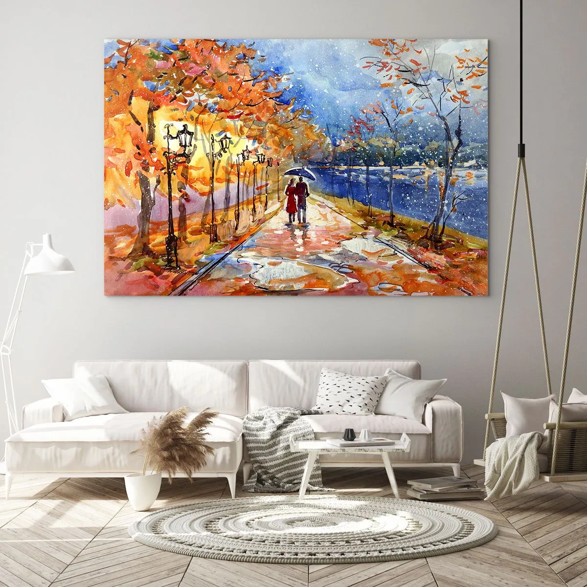 Obraz na skle - Jesenná prechádzka po ulici s farebnými listami a lampášmi - 70x50cm - Spoločne k hranici času - Moderná nástenná dekorácia do obývacej izby a spálne ARTTOR