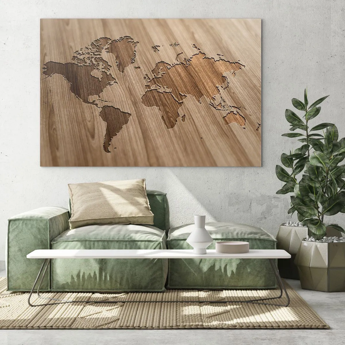 Obraz na skle - Mapa sveta vyrezaná do dreveného povrchu - 70x50cm - Svet podaný na stole - Moderná nástenná dekorácia do obývacej izby a spálne ARTTOR