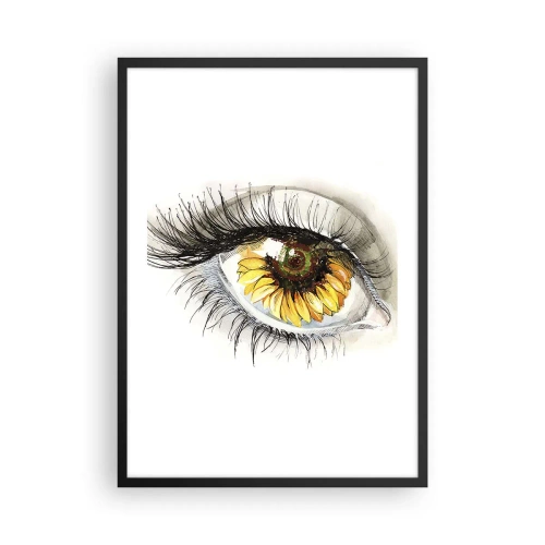 Plagát v čiernom ráme - Oko so žltým kvetom slnečnice v zrenici - 50x70cm - Pohľad žeravý ako leto - Moderná nástenná dekorácia do obývacej izby a spálne ARTTOR