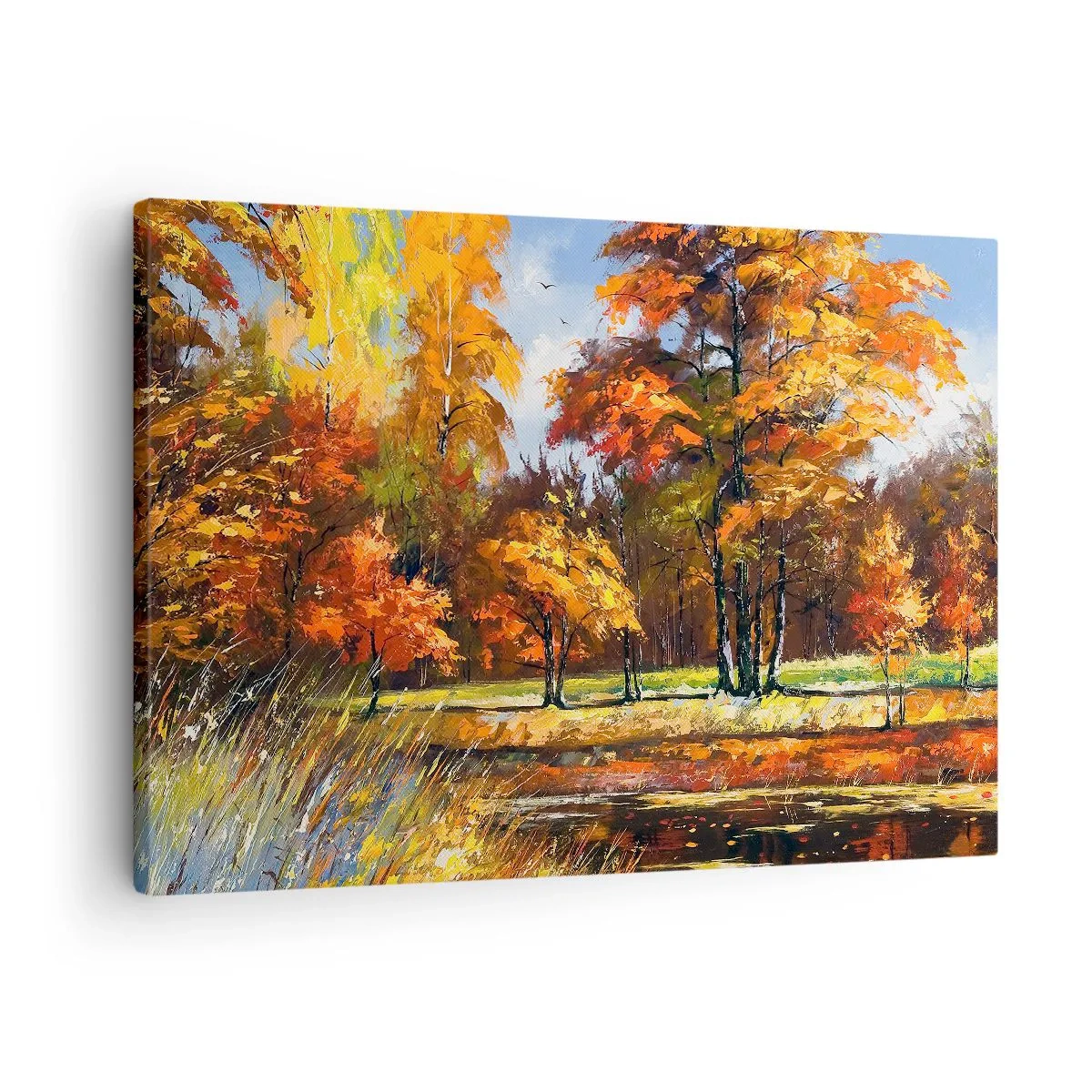 Obraz na plátne - Jesenná krajina s farebnými stromami a jazierkom - 70x50cm - Krajinka v zlatej a hnedej - Moderná nástenná dekorácia do obývacej izby a spálne ARTTOR