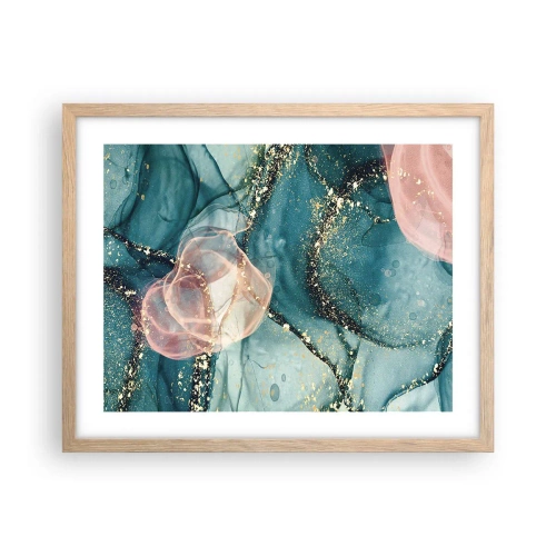 Plagát v ráme zo svetlého duba - Modré hodváb modré, ružový tyl - 50x40 cm