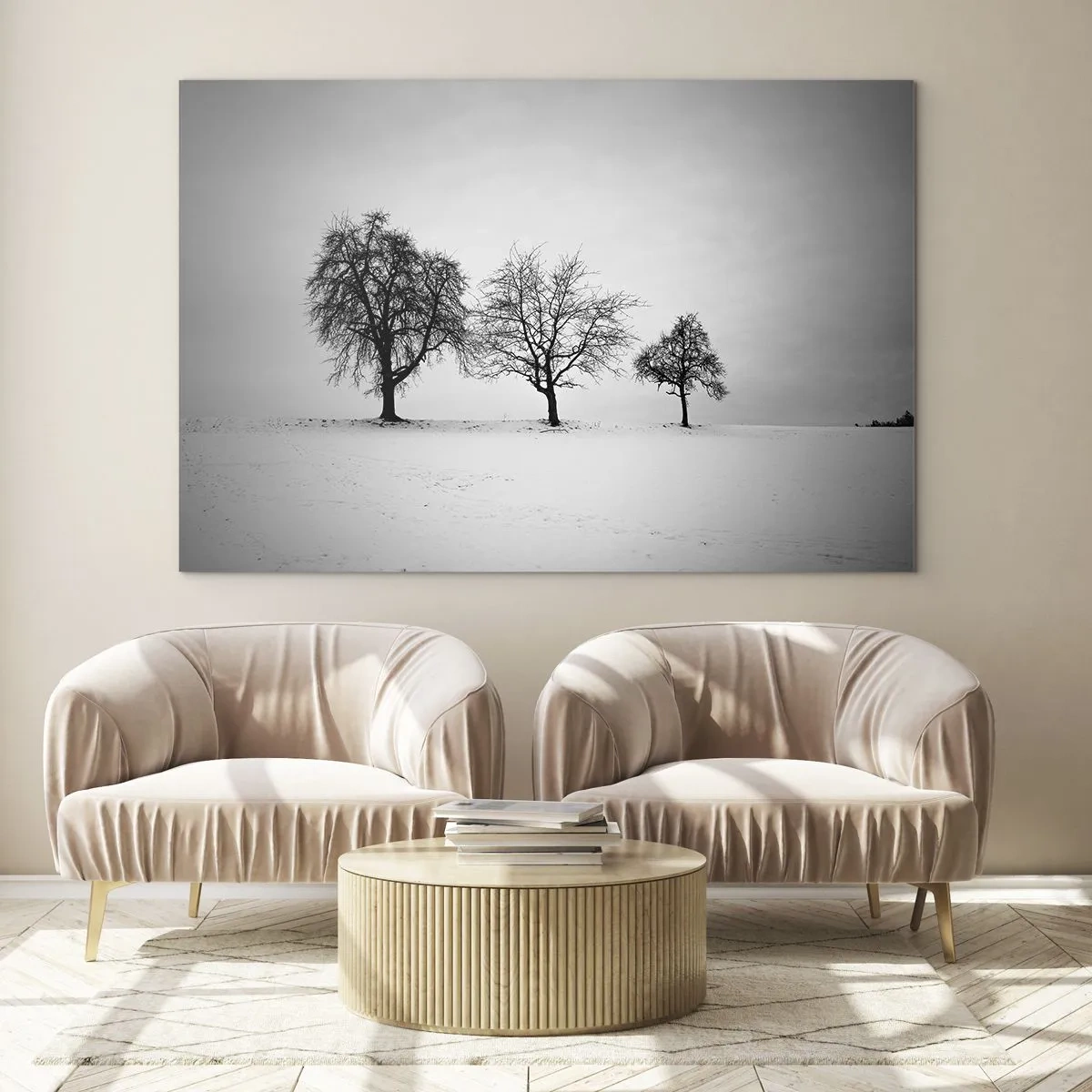 Obraz na skle - Tri osamelé stromy v zasneženej oblasti - 70x50cm - O čom sníva? - Moderná nástenná dekorácia do obývacej izby a spálne ARTTOR
