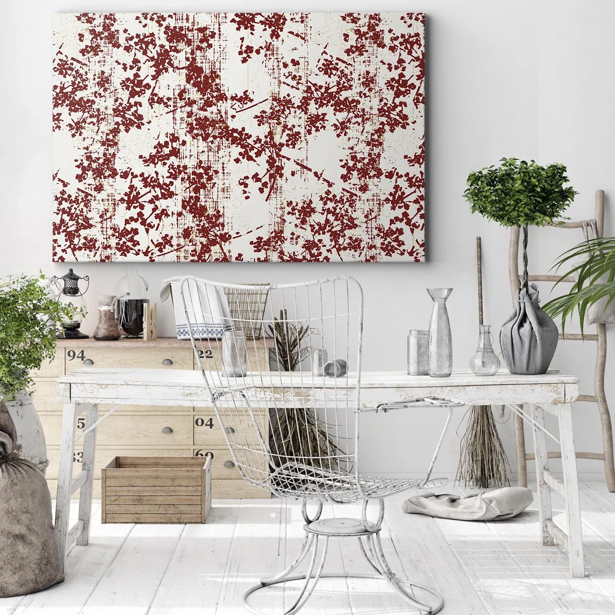 Obraz na plátne - Červené kvety na bielom pozadí v umeleckom štýle - 70x50cm - Staré kaliko - Moderná nástenná dekorácia do obývacej izby a spálne ARTTOR