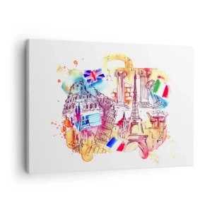 Obraz na plátne - Akvarel európskych symbolov s vlajkami krajín - 70x50cm - Európske turné - Moderná nástenná dekorácia do obývacej izby a spálne ARTTOR