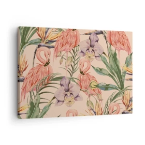 Obraz na plátne - Plameniaky a tropické kvety na svetlom pozadí - 70x50cm - Ružový balet v kvetoch - Moderná nástenná dekorácia do obývacej izby a spálne ARTTOR