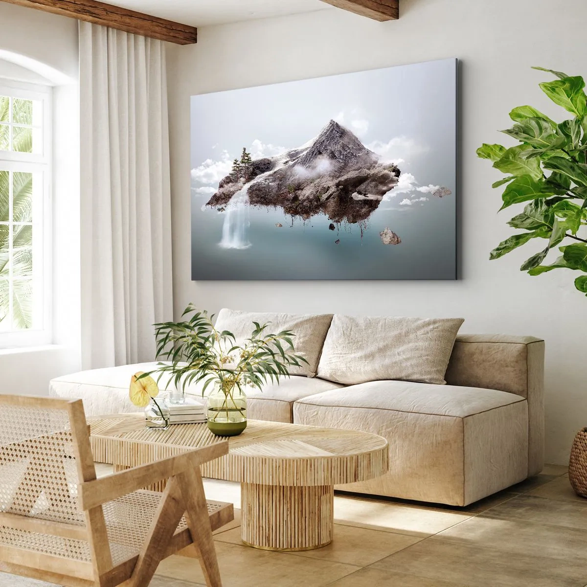 Obraz na plátne - Surrealistická hora vznášajúca sa v oblakoch s vodopádom - 70x50cm - Pohľad surrealistu - Moderná nástenná dekorácia do obývacej izby a spálne ARTTOR
