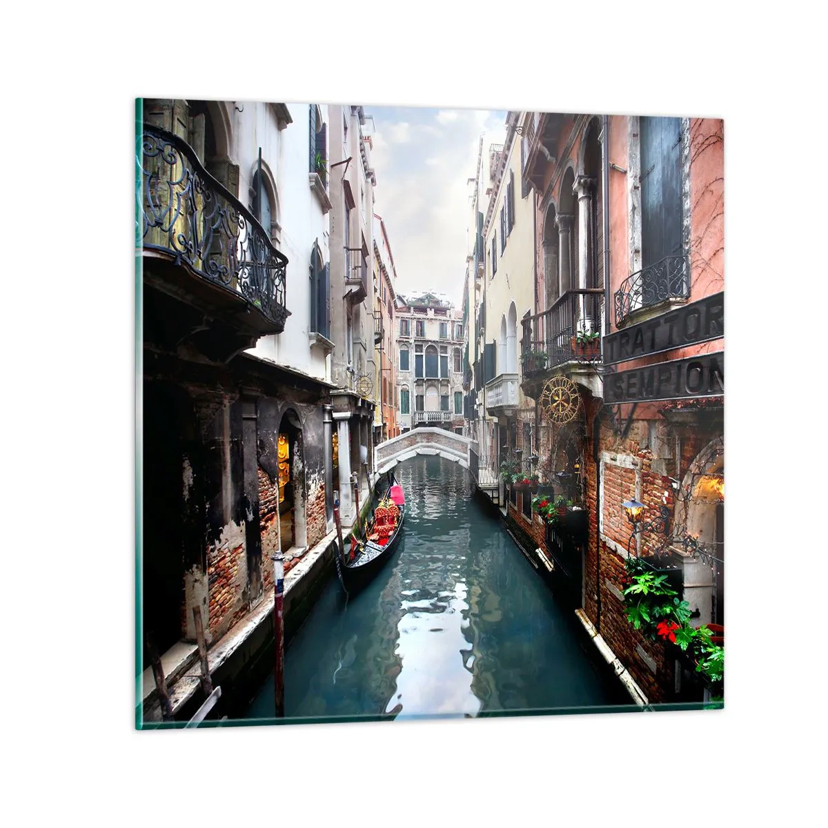 Obraz na skle - Benátska krajina s gondolou a mostíkom - 30x30 cm