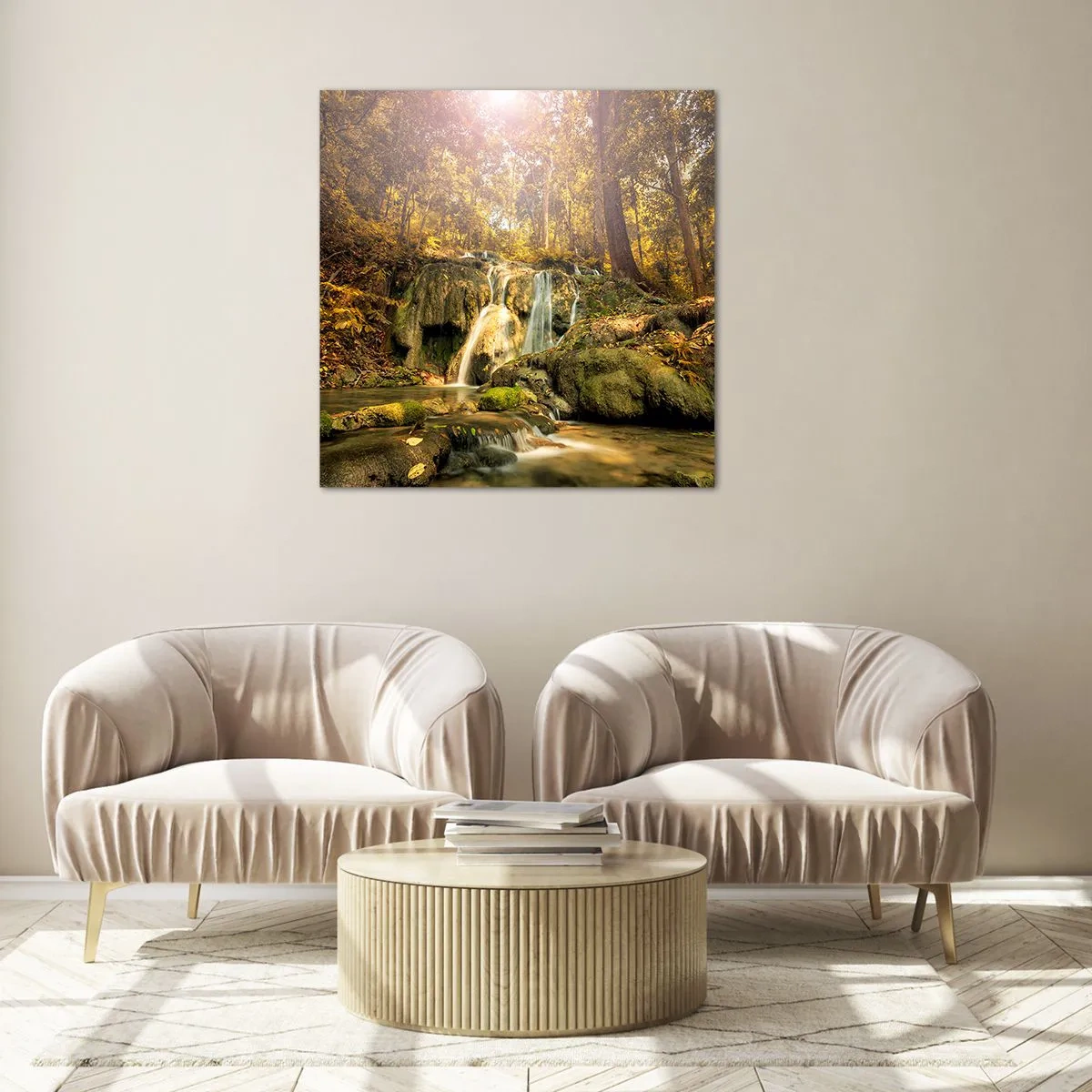 Obraz na skle - Lesný vodopád v zeleni - 40x40 cm