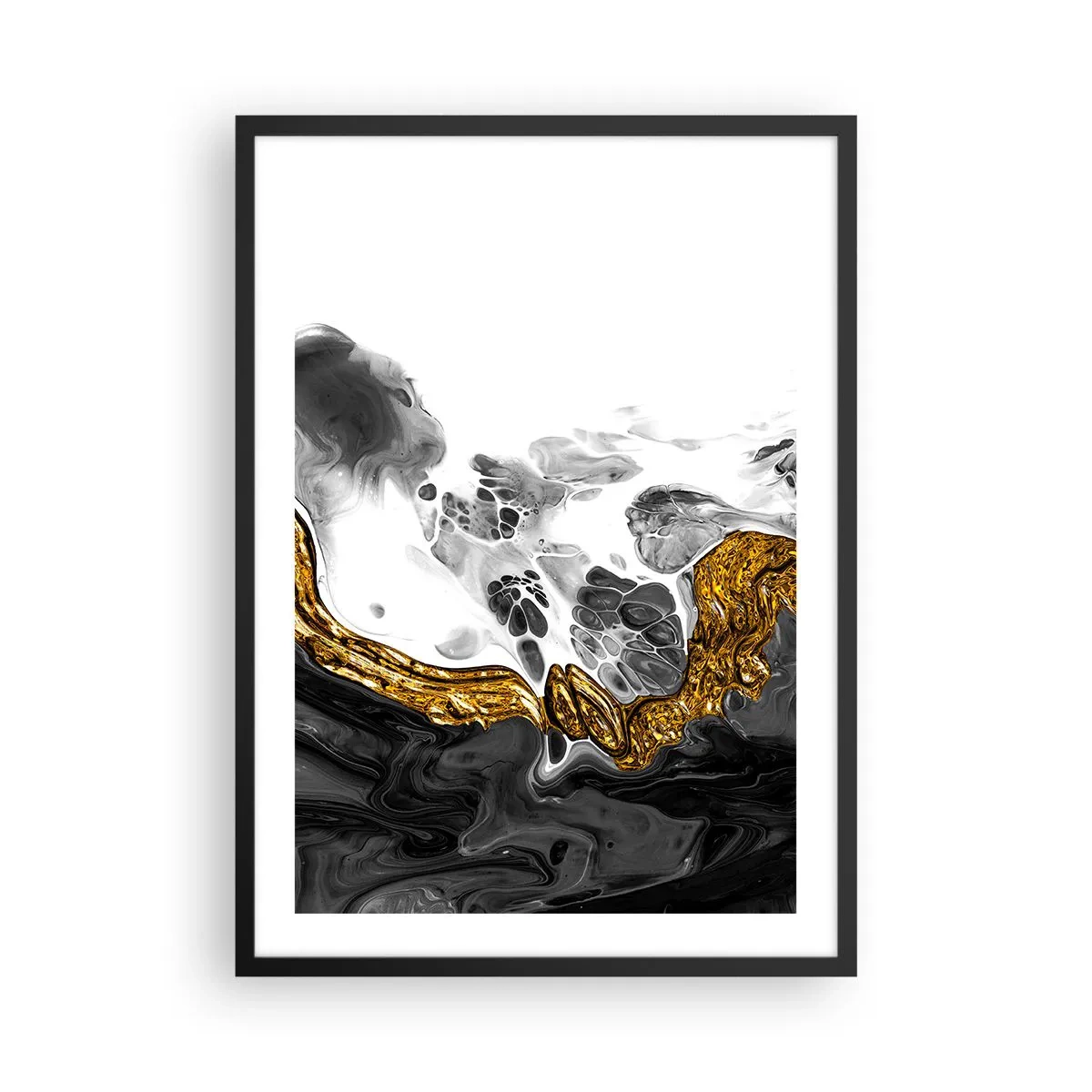 Plagát v čiernom ráme - Abstraktná kompozícia čiernej, bielej a zlatej farby - 50x70cm - Organická kompozícia - Moderná nástenná dekorácia do obývacej izby a spálne ARTTOR