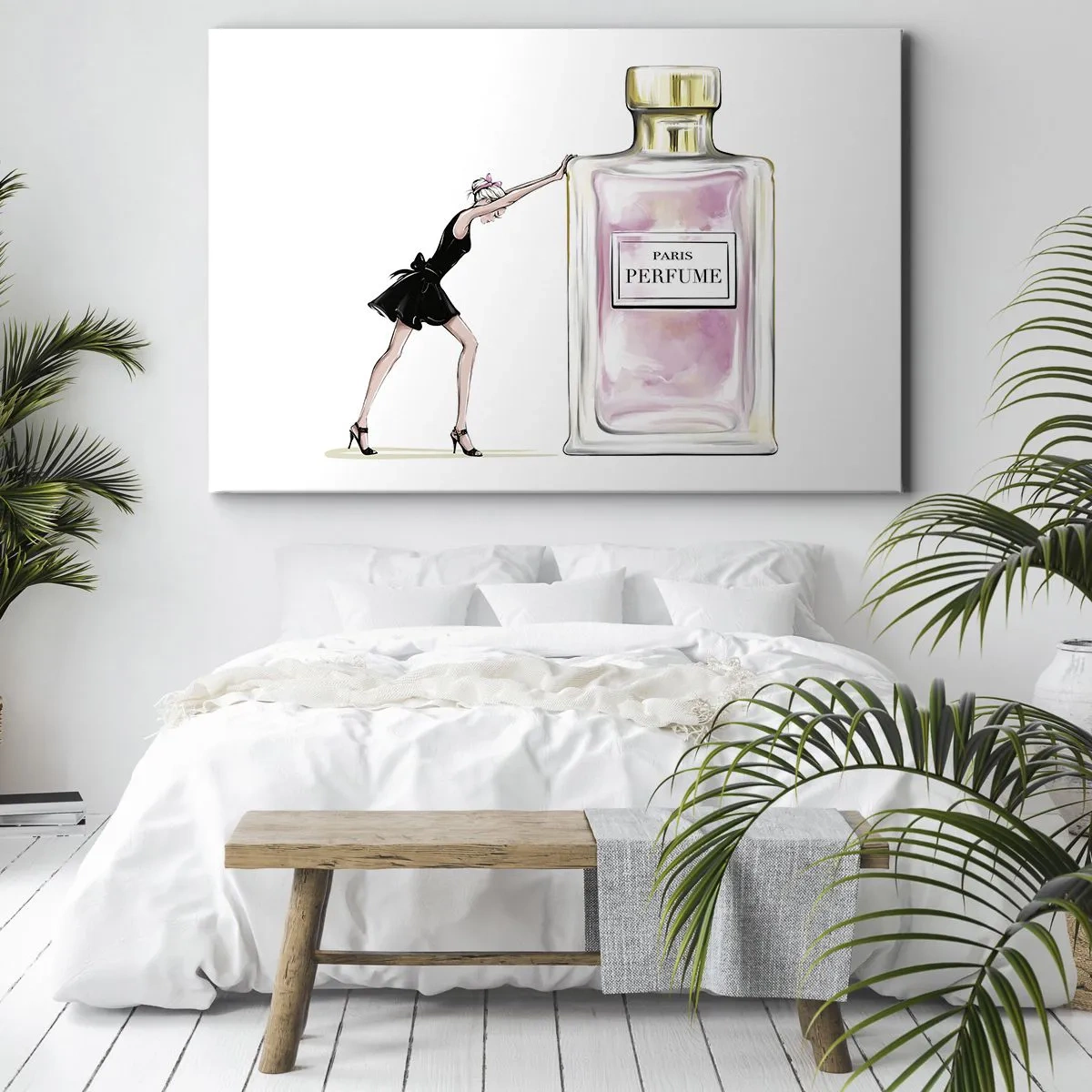 Obraz na plátne - Žena v čiernych šatách vedľa fľaštičky parfumu - 70x50cm - Podstata ženskosti - Moderná nástenná dekorácia do obývacej izby a spálne ARTTOR