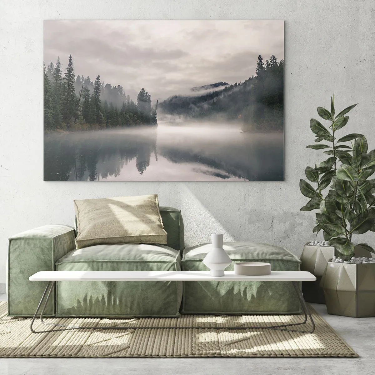 Obraz na skle - Ranný pohľad na jazero v lese, zahalené v hmle - 70x50cm - V zamyslení, v hmle - Moderná nástenná dekorácia do obývacej izby a spálne ARTTOR