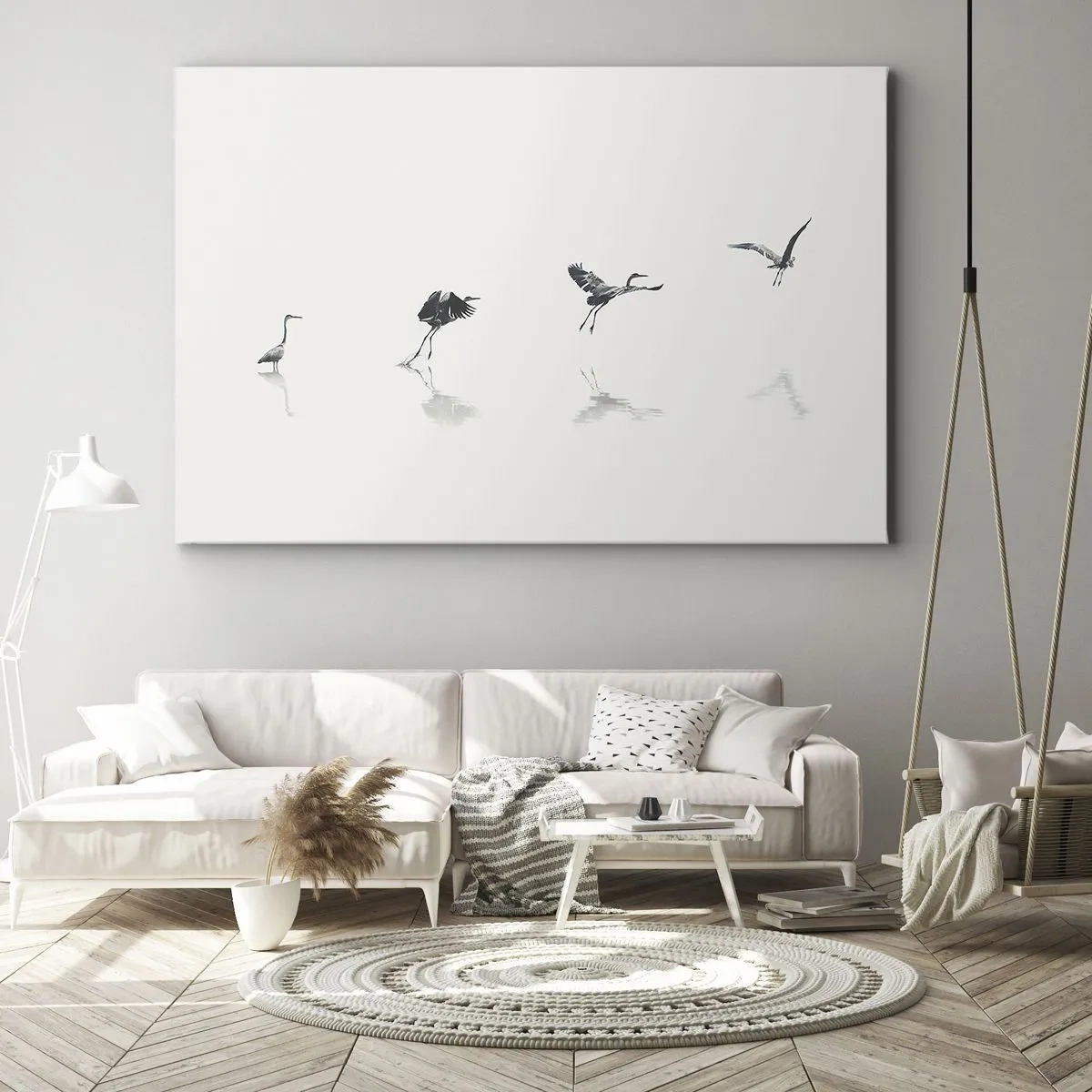 Obraz na plátne - Štyri siluety vtákov sa odrážajú v pokojnej vode - 70x50cm - Štyri jednoduché kroky - Moderná nástenná dekorácia do obývacej izby a spálne ARTTOR