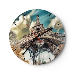Nástenné hodiny - Eiffelova veža na pozadí jesennej oblohy s oblakmi - 30x30cm - A na jeseň v Paríži… - Moderná nástenná dekorácia do obývacej izby, kuchyne a spálne ARTTOR