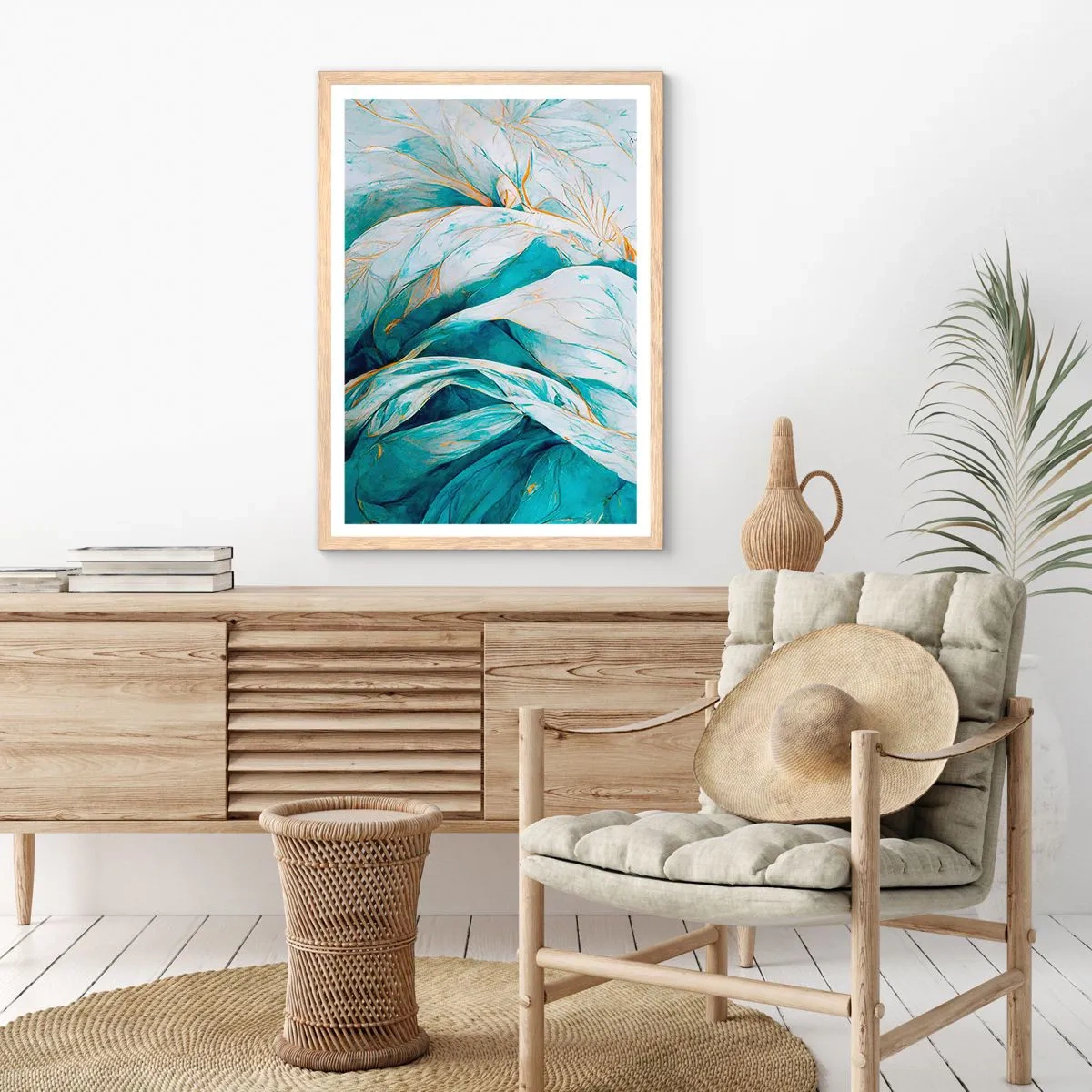 Plagát v ráme zo svetlého duba - Modrá abstrakcia so zlatým motívom - 61x91 cm