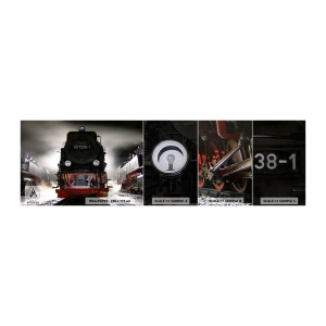 Vzorka samolepiacej fototapety Deluxe Sticker - Stojí a sápe, funí a fúka - Parná lokomotíva, Železničná stanica, Automobilový priemysel - 100x30 cm