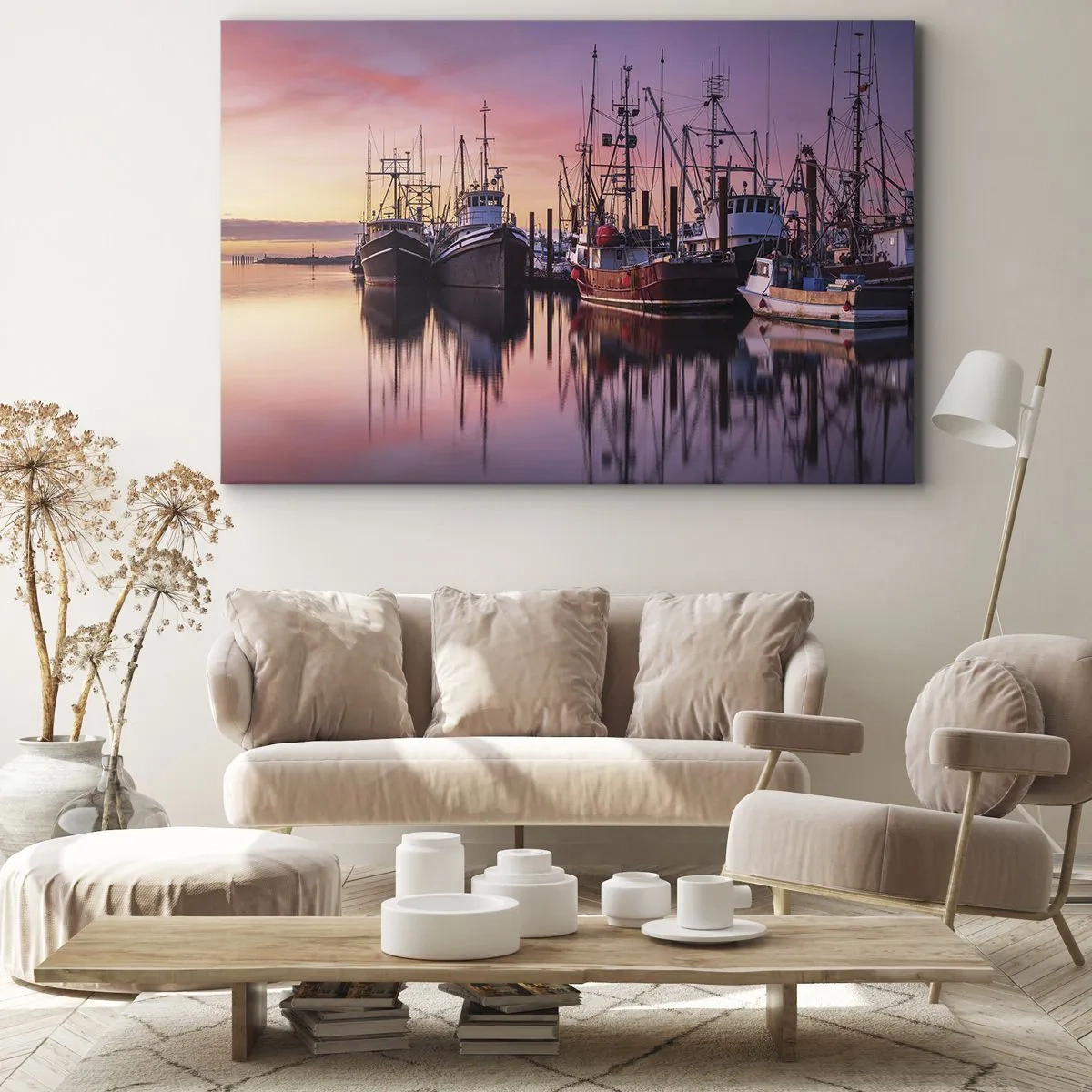 Obraz na plátne - Rybárske lode v prístave pri západe slnka - 70x50cm - Pred ďalším dňom - Moderná nástenná dekorácia do obývacej izby a spálne ARTTOR