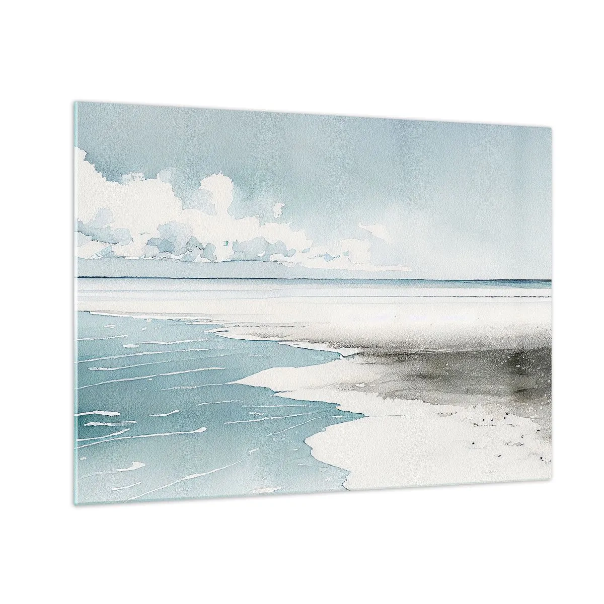 Obraz na skle - Pokojná prímorská krajina v akvarelovom štýle v odtieňoch modrej. - 70x50cm - Jemný príliv - Moderná nástenná dekorácia do obývacej izby a spálne ARTTOR