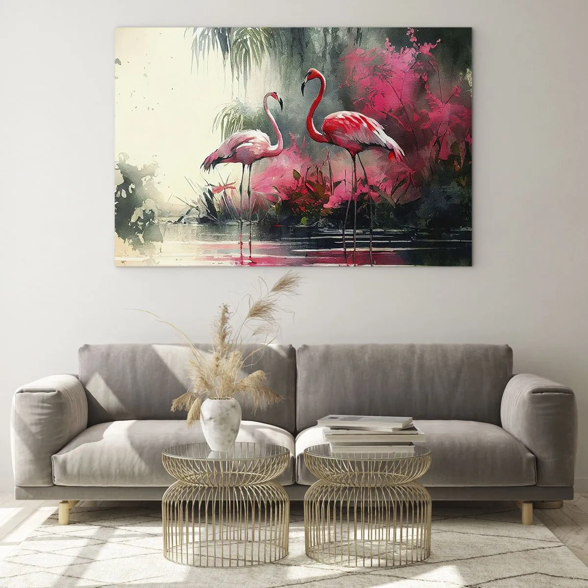 Obraz na skle - Dva plameniaky v tropickom prostredí pri vode - 70x50cm - Hodiny prírodného kúzla - Moderná nástenná dekorácia do obývacej izby a spálne ARTTOR
