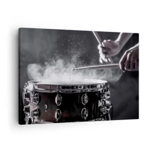 Obraz na plátne - Údery paličkami do malého bubna s efektom prachu - 70x50cm - Pulz hudby - Moderná nástenná dekorácia do obývacej izby a spálne ARTTOR