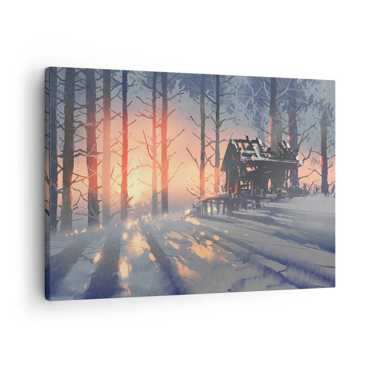Obraz na plátne - Lesná chata v zimnej krajine s lúčmi zapadajúceho slnka - 70x50cm - Pozerá sa tu iba slnko - Moderná nástenná dekorácia do obývacej izby a spálne ARTTOR