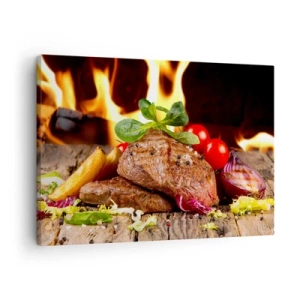 Obraz na plátne - Grilovaný steak s prílohami na pozadí plameňov - 70x50cm - Vykúzlené žiarou - Moderná nástenná dekorácia do obývacej izby a spálne ARTTOR