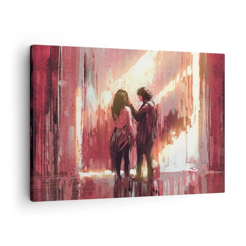 Obraz na plátne - Pár stojaci v teplom svetle na pozadí abstraktných vzorov. - 70x50cm - Večný príbeh lásky - Moderná nástenná dekorácia do obývacej izby a spálne ARTTOR