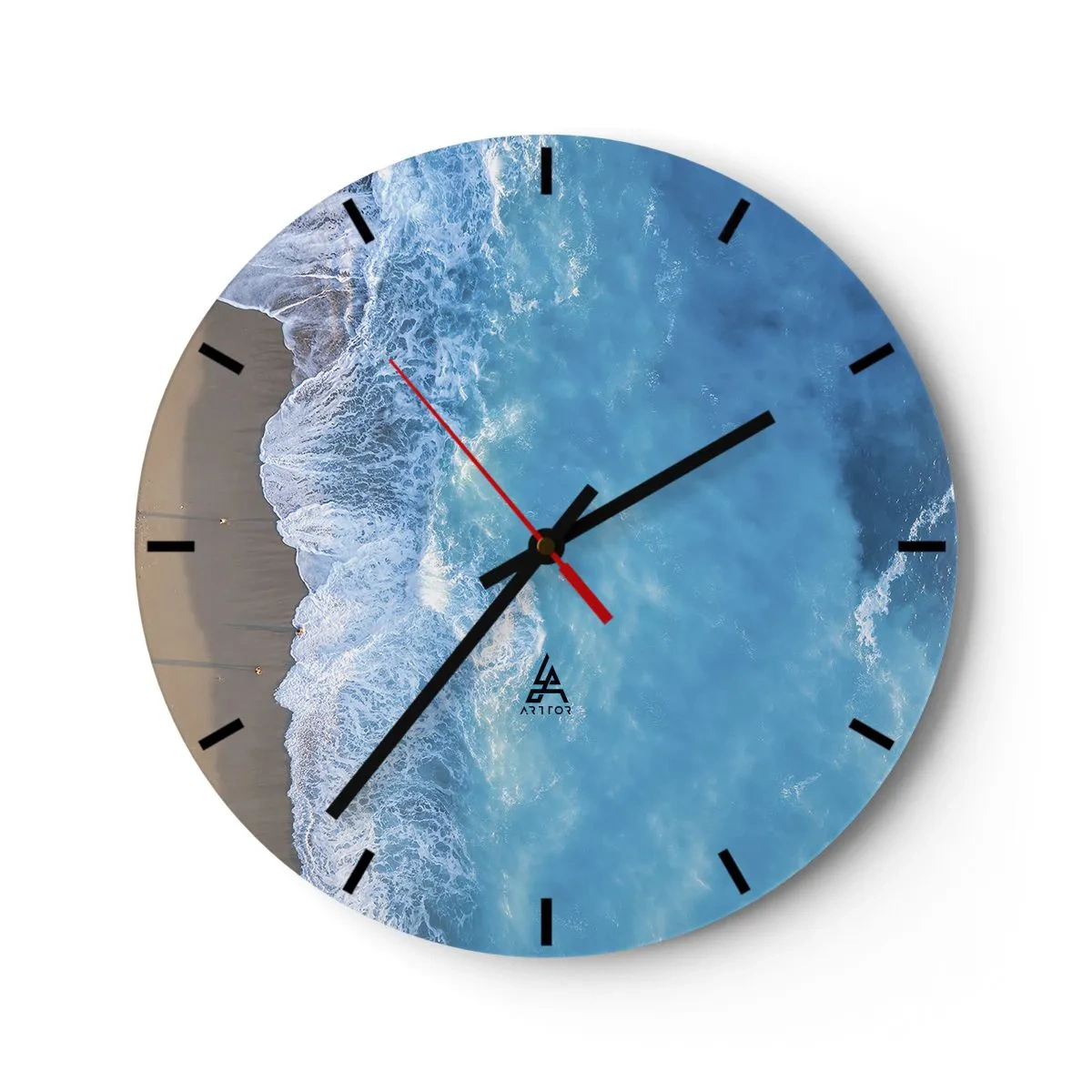 Nástenné hodiny - Pohľad z vtáčej perspektívy na oceánske vlny narážajúce na piesočnatú pláž - 30x30cm - Sila modrej - Moderná nástenná dekorácia do obývacej izby, kuchyne a spálne ARTTOR