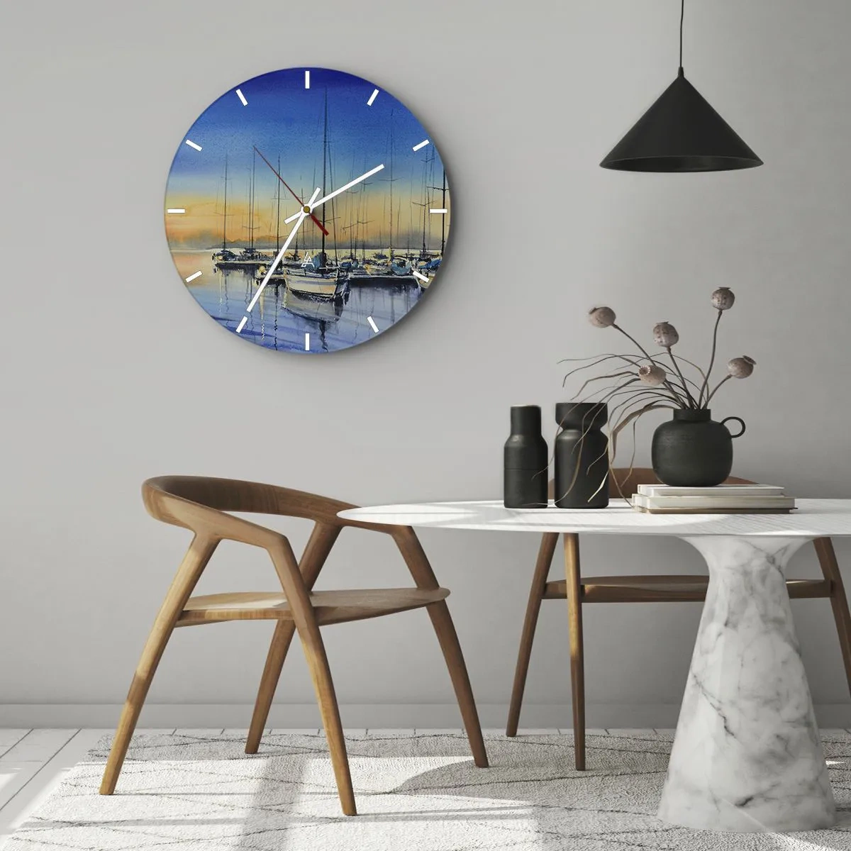 Nástenné hodiny - Plachetnice na vode pri západe slnka v tichom prístave - 30x30cm - Koniec dobrého dňa - Moderná nástenná dekorácia do obývacej izby, kuchyne a spálne ARTTOR