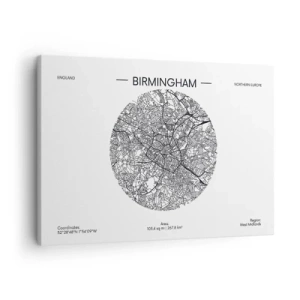 Obraz na plátne - Minimalistická čiernobiela mapa Birminghamu s presnými detailmi. - 70x50cm - Anatómia Birminghamu - Moderná nástenná dekorácia do obývacej izby a spálne ARTTOR
