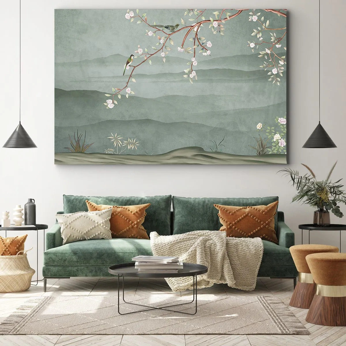 Obraz na plátne - Malebný obraz kvitnúcej vetvy stromu s vtákmi na pozadí zelených kopcov. - 70x50cm - Jar je tu - Moderná nástenná dekorácia do obývacej izby a spálne ARTTOR