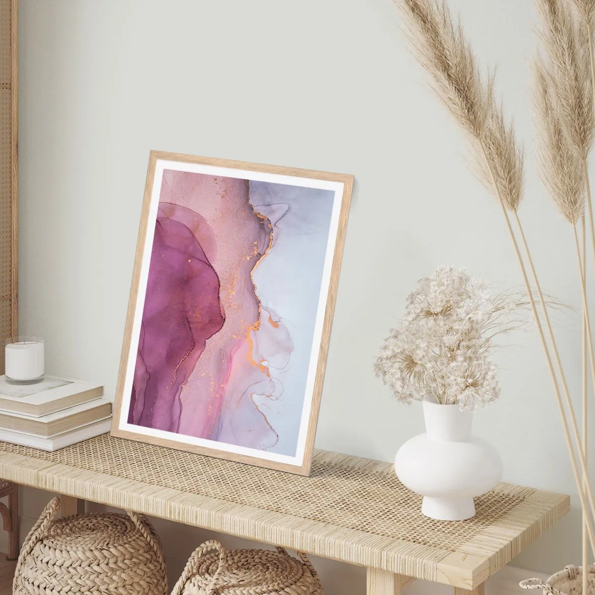 Plagát v ráme zo svetlého duba - Fialové a ľalové vlny - 40x50 cm