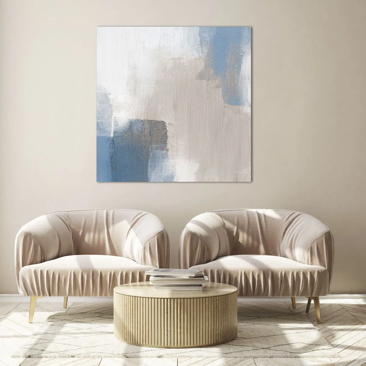 Obraz na skle - Ružová abstrakcia za modrým závojom - 70x70 cm