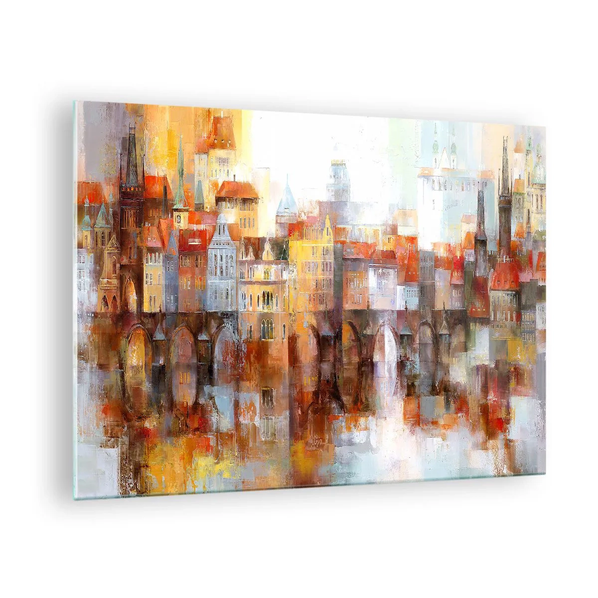 Obraz na skle - Farebná panoráma mesta s mostom a odrazom vo vode - 70x50cm - Pod mostom je tiež krásne - Moderná nástenná dekorácia do obývacej izby a spálne ARTTOR