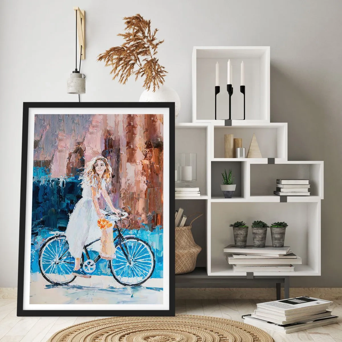 Plagát v čiernom ráme - Impresionistická scéna s cyklistom - 50x70cm - Ranná radosť - Moderná nástenná dekorácia do obývacej izby a spálne ARTTOR