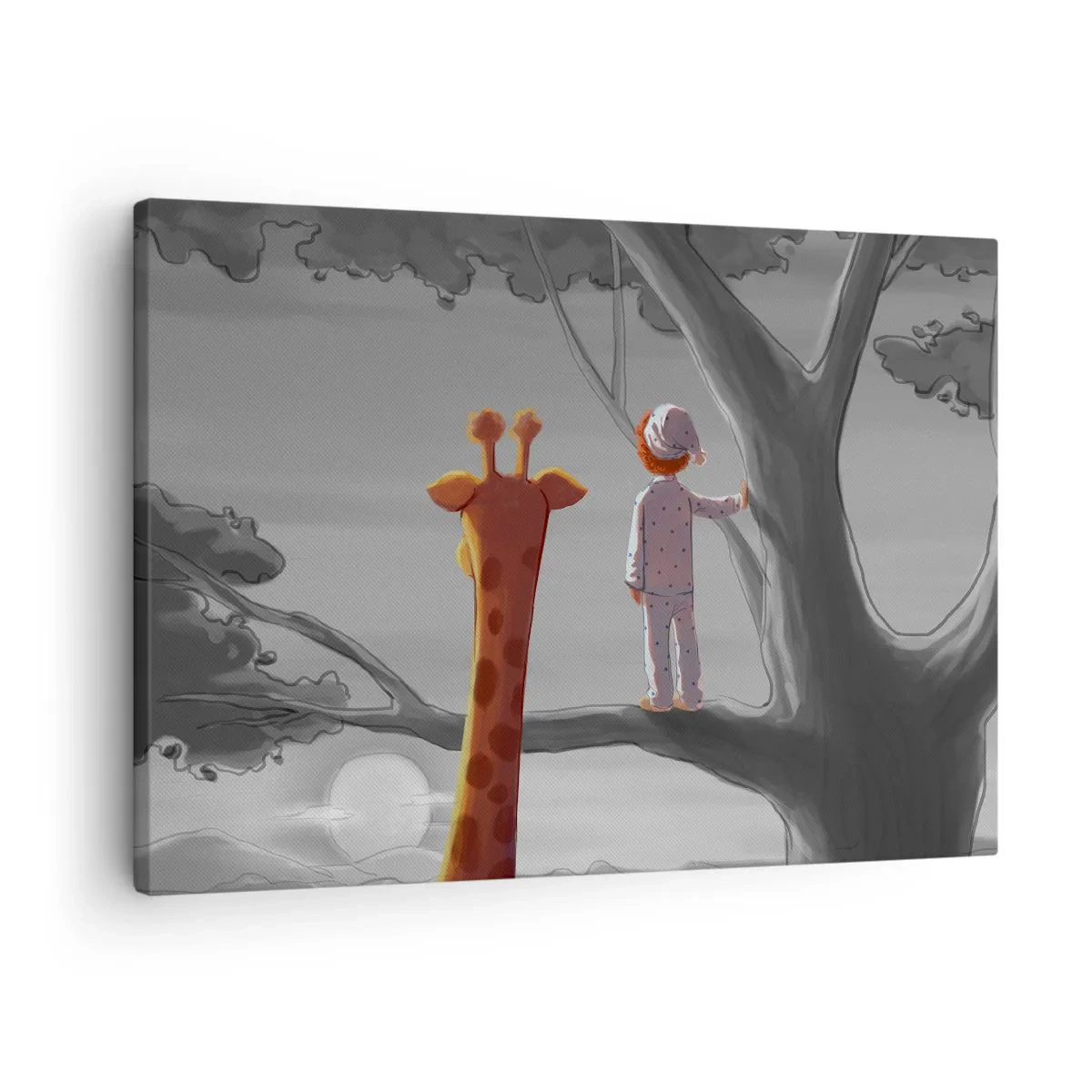 Obraz na plátne - Dieťa a žirafa na konári stromu v rozprávkovej krajine - 70x50cm - To sa naozaj deje - Moderná nástenná dekorácia do obývacej izby a spálne ARTTOR