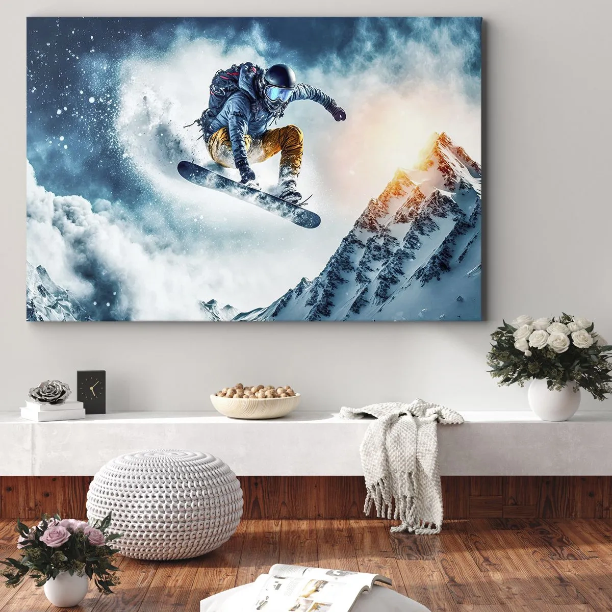 Obraz na plátne - Snowboardista letí nad zasneženými horami - 70x50cm - Extrémne emócie - Moderná nástenná dekorácia do obývacej izby a spálne ARTTOR